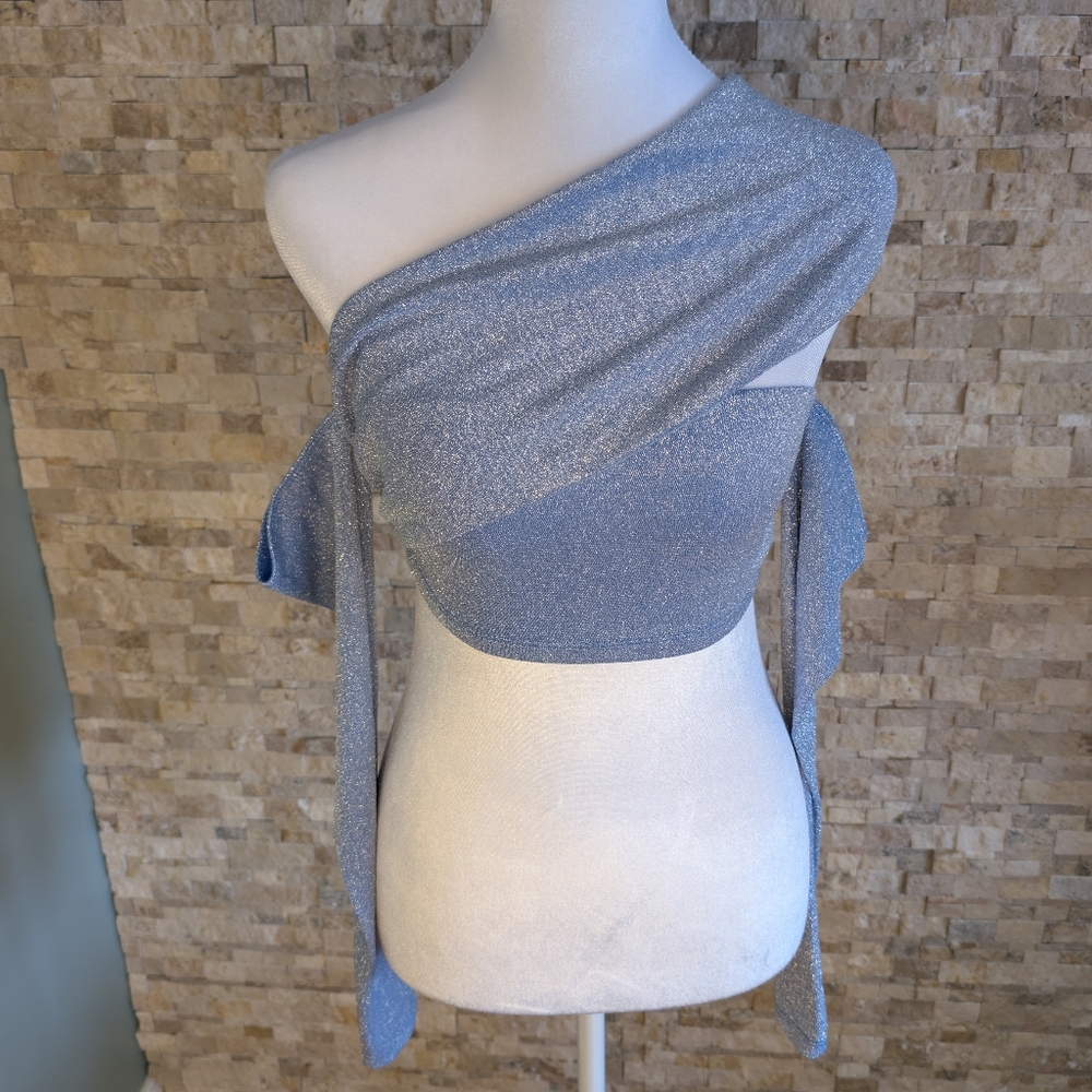 Naked Wardrobe One Shoulder Shimmer Metallic Long Sleeve Blue Top Small NWT